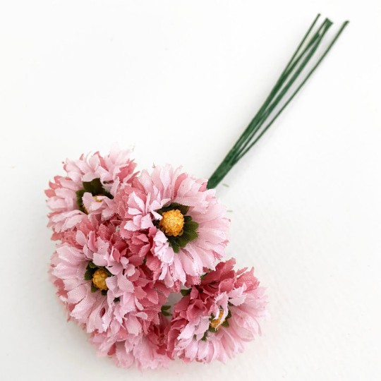 6 Pink Fabric Ruffled Daisy Blossoms ~ Austria ~ 1-1/8"